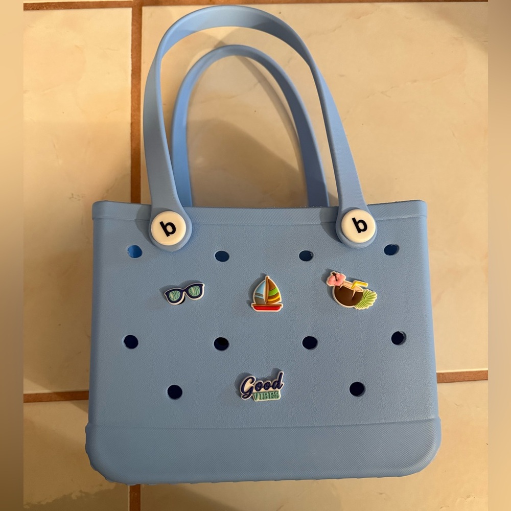 Baby Blue Rubber Tote Bag with Decorative Pins